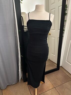 Anthropologie Black Ruched Spaghetti-Strap Midi Dress